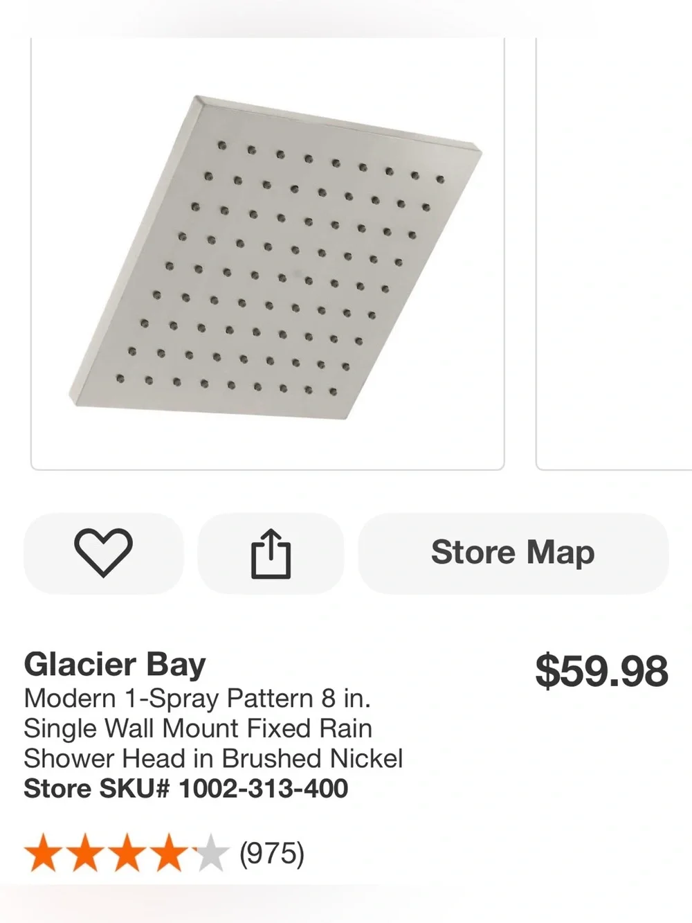 New Glacier Bay 8in Square Rain Shower Head - Brushed Nickel